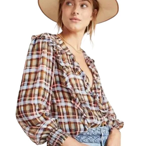 Anthropologie Plaid Ruffle Blouse - Brown, Blue, White - Picture 8 of 11